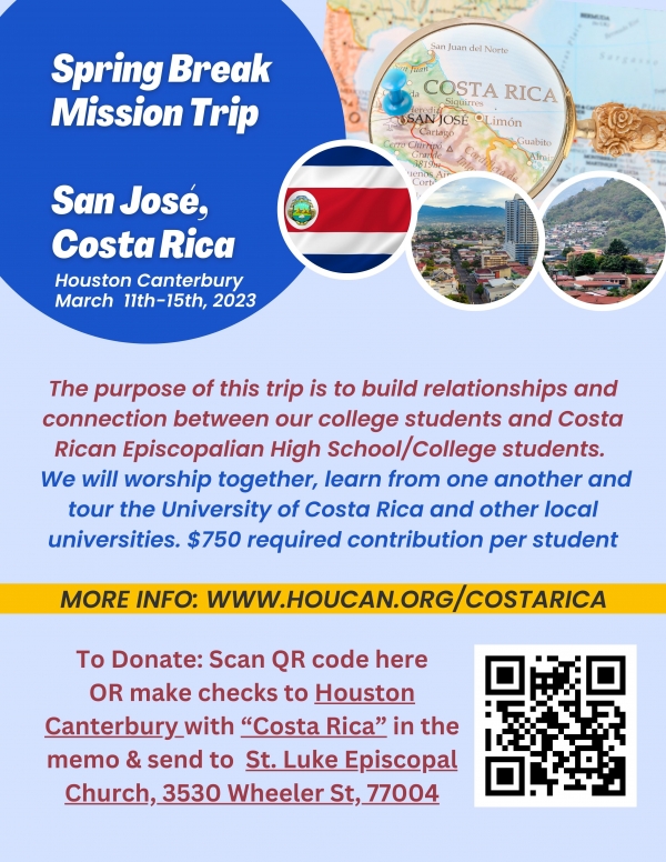 Community Outreach: Support Houston Canterbury Spring Break Mission trip to Costa Rica