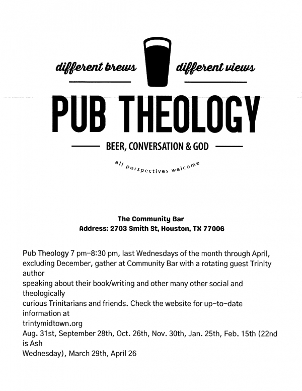 Pub Theology returns to the Community Bar on Wednesday, August 31st at 7pm